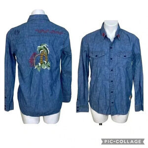 Lucky Brand denim embroidered button down jean shirt California palm tree